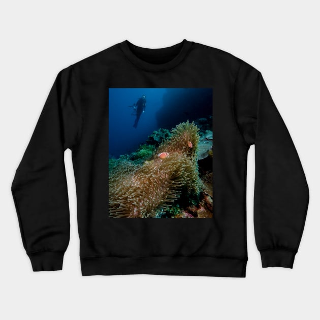 A Diver Looks On At Two Clownfish in Indonesia Crewneck Sweatshirt by jbbarnes